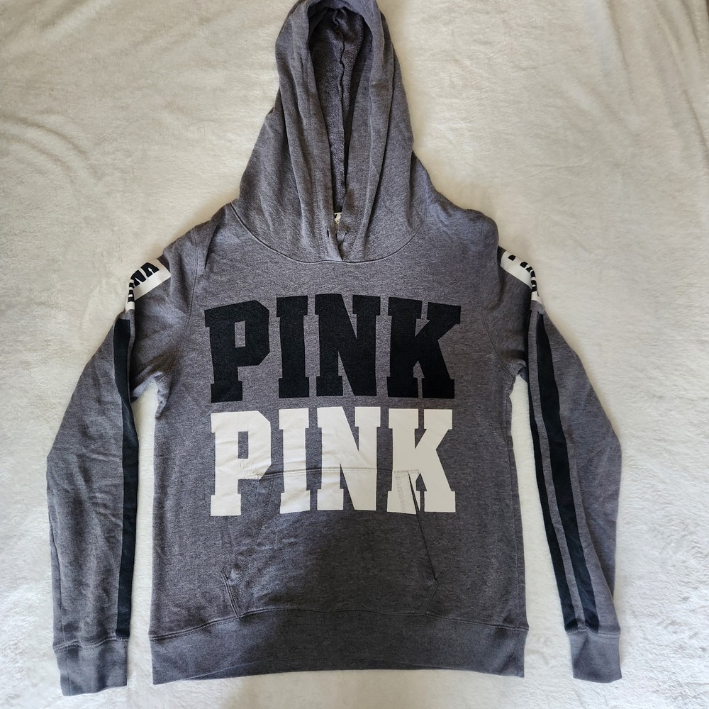Victoria Secret PINK Hoodie Sz‎ Large Grey White Black (Wear)